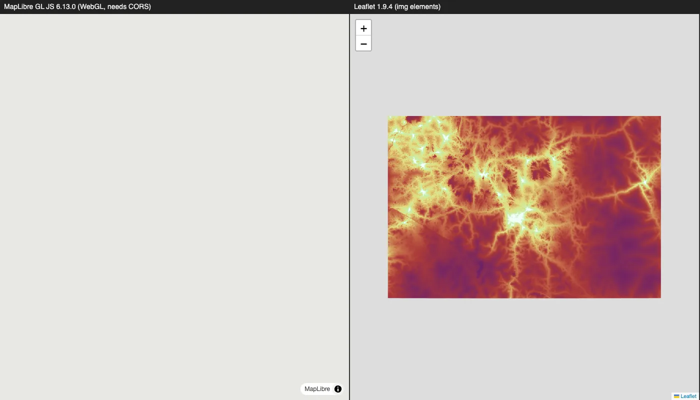 Split screen: MapLibre GL JS 6.13.0 on the left shows an empty grey map; Leaflet 1.9.4 on the right shows the exported colour-ramped raster over central Kenya