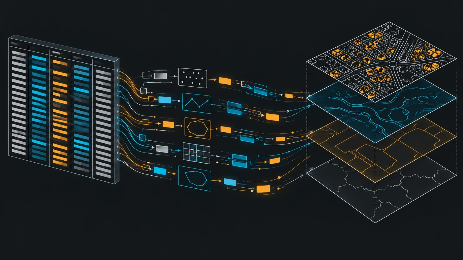 Dark illustration of a columnar table on the left sending orange and blue lines through small geometry icons, including points, a line, polygons and a grid, into a stack of map layers showing buildings, rivers and boundaries.