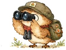 Pip, a young owl in a field cap, looking left through binoculars